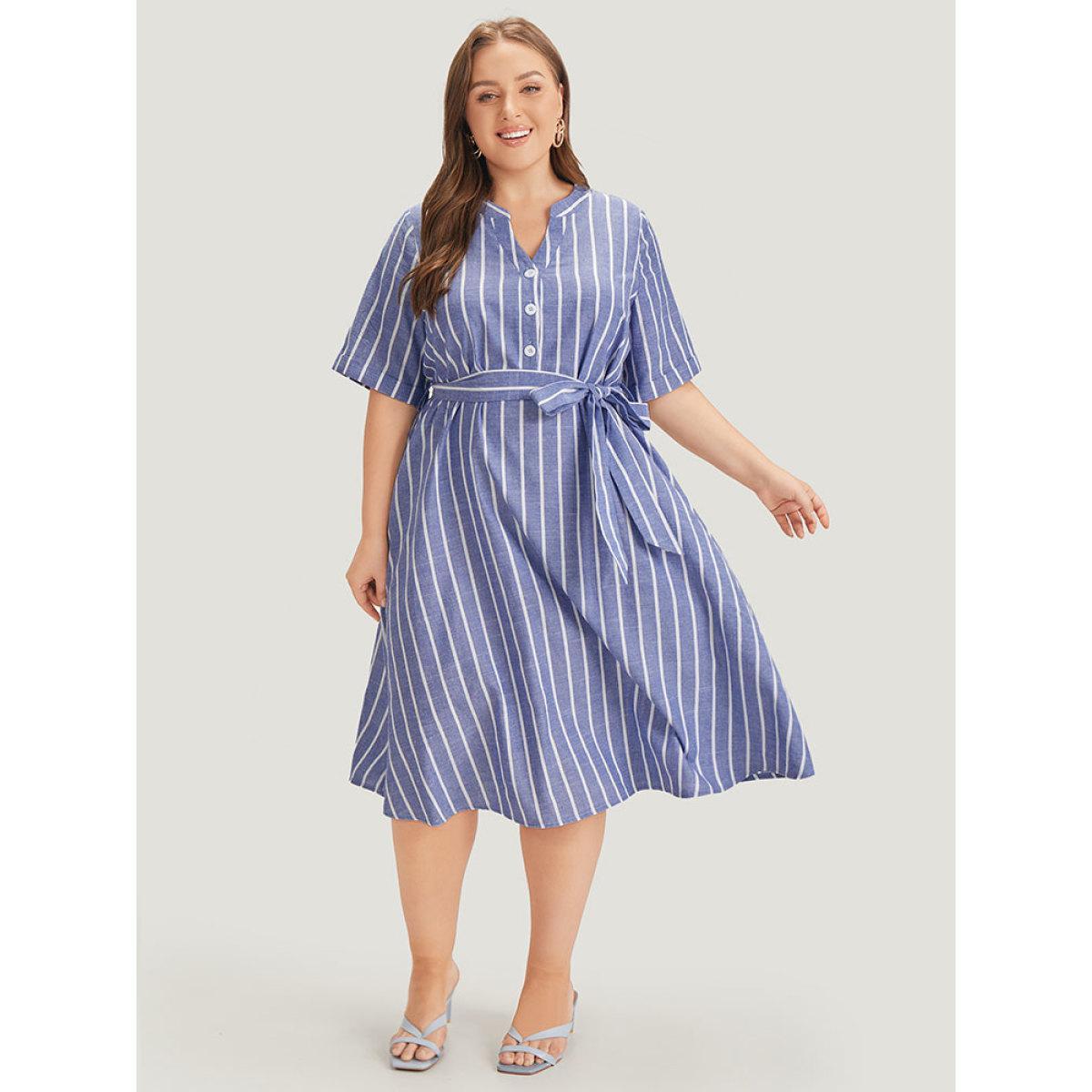 Plus Size Striped Print Belt Pocket Notched Button Up Dress Blue Women Office Cross straps Notched collar Short sleeve Curvy Midi Dress BloomChic 26/4X Product Image
