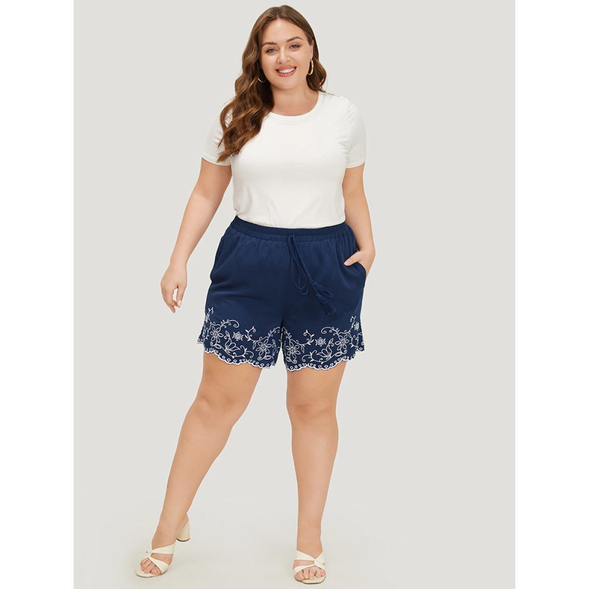 Plus Size Floral Embroidered Pocket Knotted Lettuce Trim Shorts Women Indigo Vacation Knotted Dailywear Shorts BloomChic 12/L Product Image