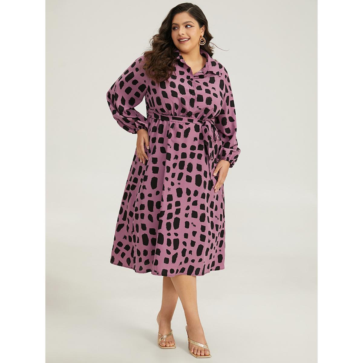Plus Size Shirt Collar Brush Print Belted Dress Mauve Women Office Belted Shirt collar Long Sleeve Curvy Midi Dress BloomChic 18-20/2X Product Image
