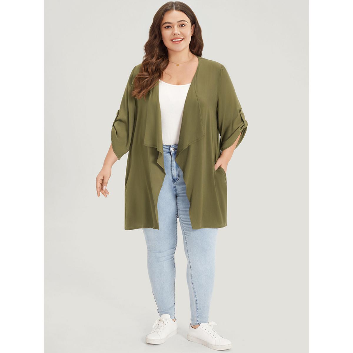 Plus Size Supersoft Essentials Plain Pocket Button Ruffle Open Front Kimono Women ArmyGreen Casual Plain Loose Pocket Dailywear Kimonos BloomChic 30/6X Product Image