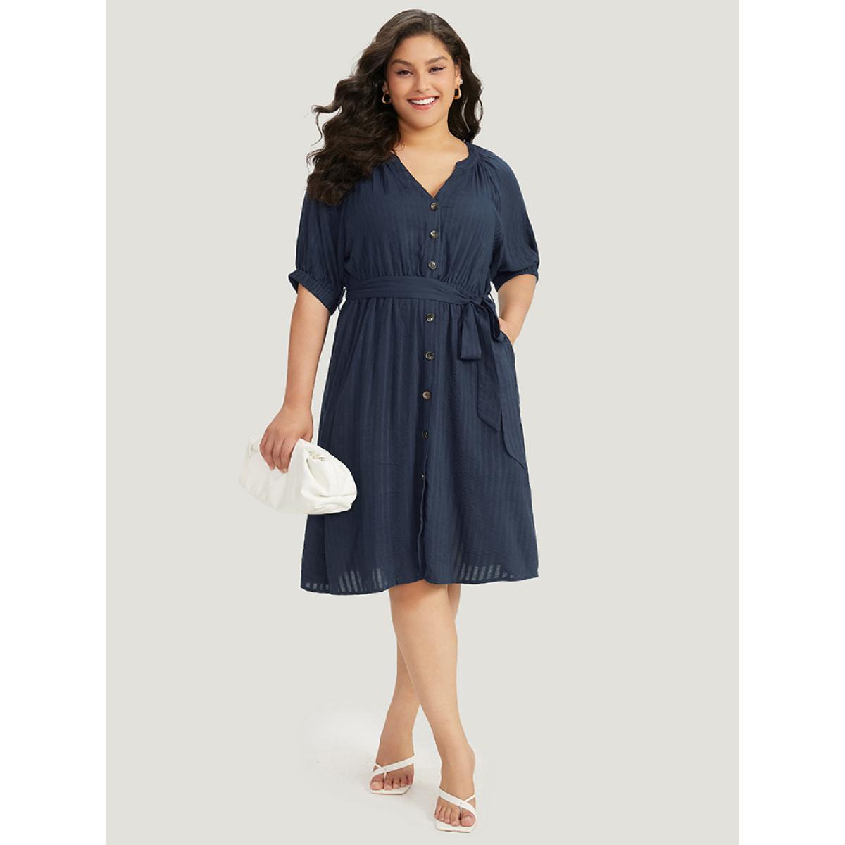 Plus Size Solid Button Through Notched Belted Dress Navy Women Office Elastic cuffs Notched collar Short sleeve Curvy Midi Dress BloomChic 26/4X Product Image