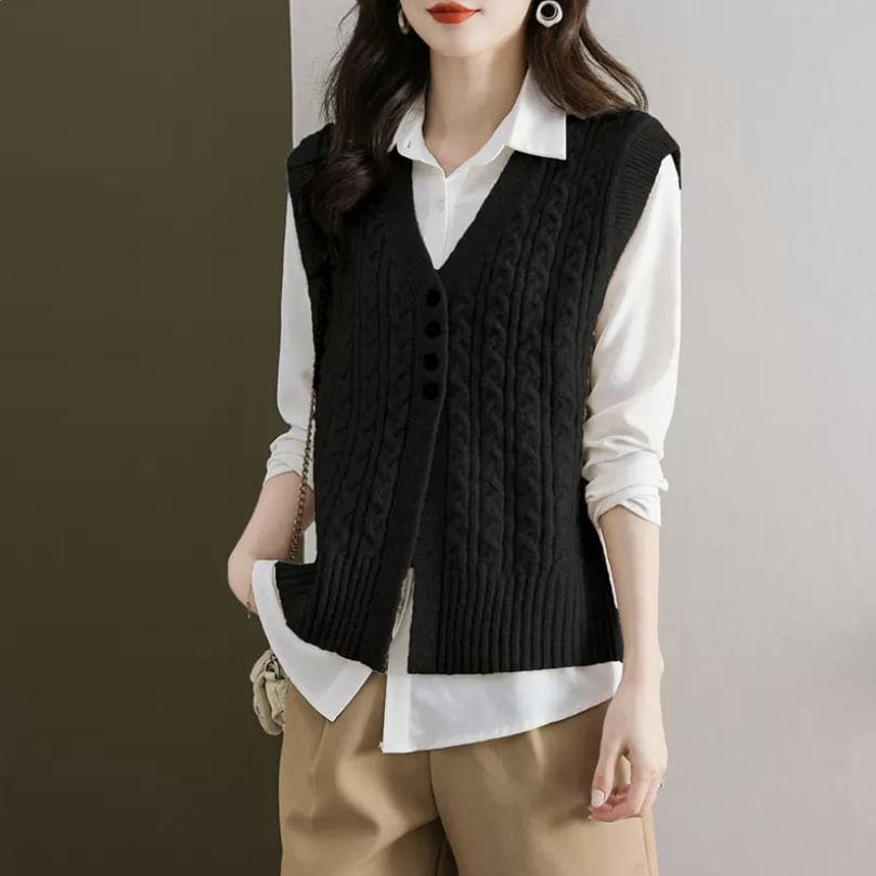 V-Neck Plain Cable Knit Button-Up Sweater Vest Product Image