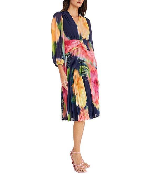 Maggy London Printed Chiffon Pleated V Neckline Long Sleeve Midi Dress Product Image