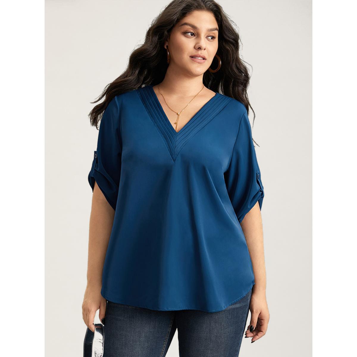 Plus Size Cyan V Neck Plain Pleated Tab Sleeve Blouse Women At the Office Elbow-length sleeve V-neck Work Blouses BloomChic 14-16/1X Product Image