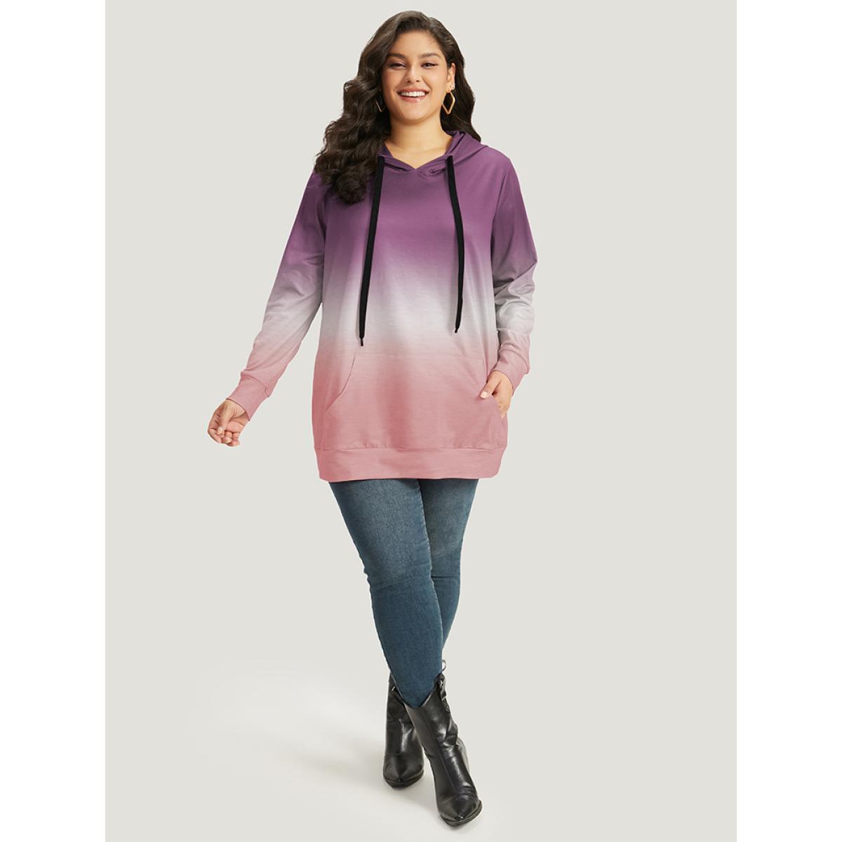 Plus Size Ombre Pocket Drawstring Hooded Sweatshirt Women Lilac Casual Elastic cuffs Hooded Everyday Sweatshirts BloomChic 10/M Product Image