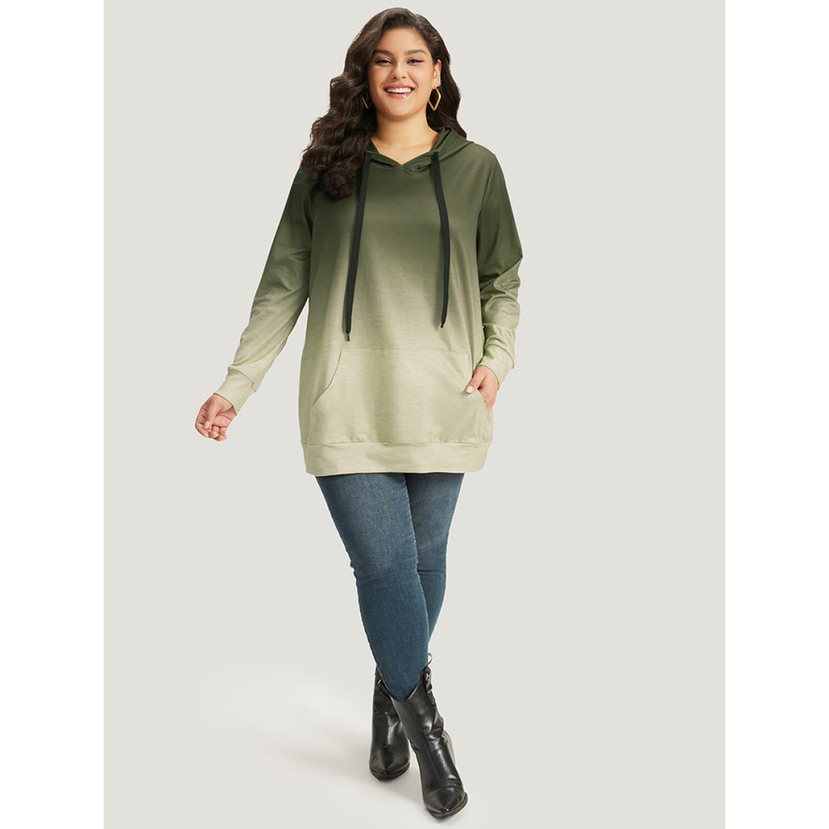 Plus Size Ombre Pocket Drawstring Hooded Sweatshirt Women Sage Casual Elastic cuffs Hooded Everyday Sweatshirts BloomChic 18-20/2X Product Image