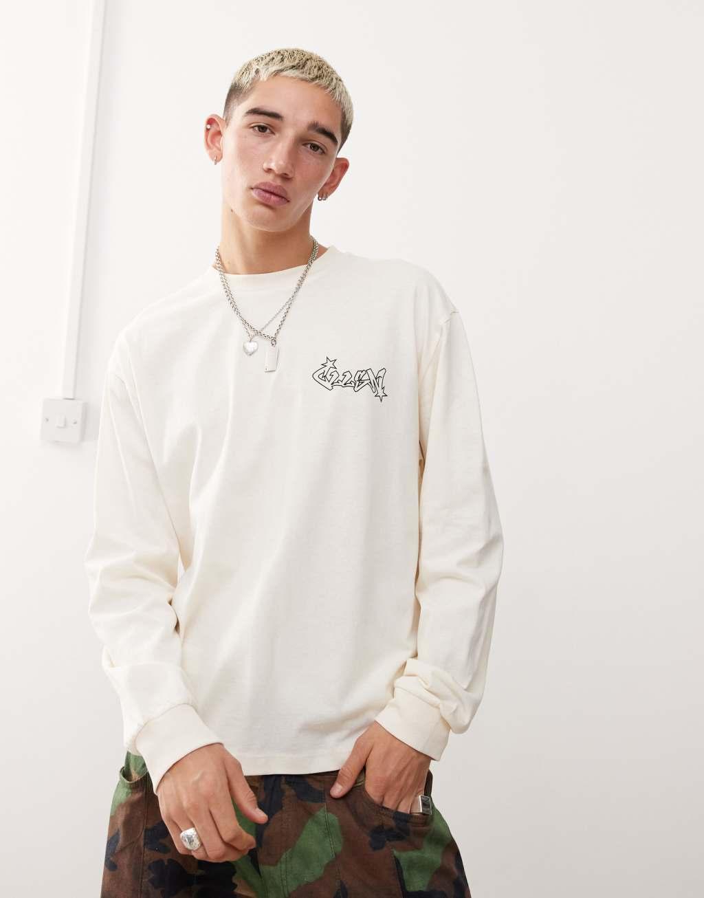 COLLUSION long sleeve T-shirt with front and back print in ecru Product Image