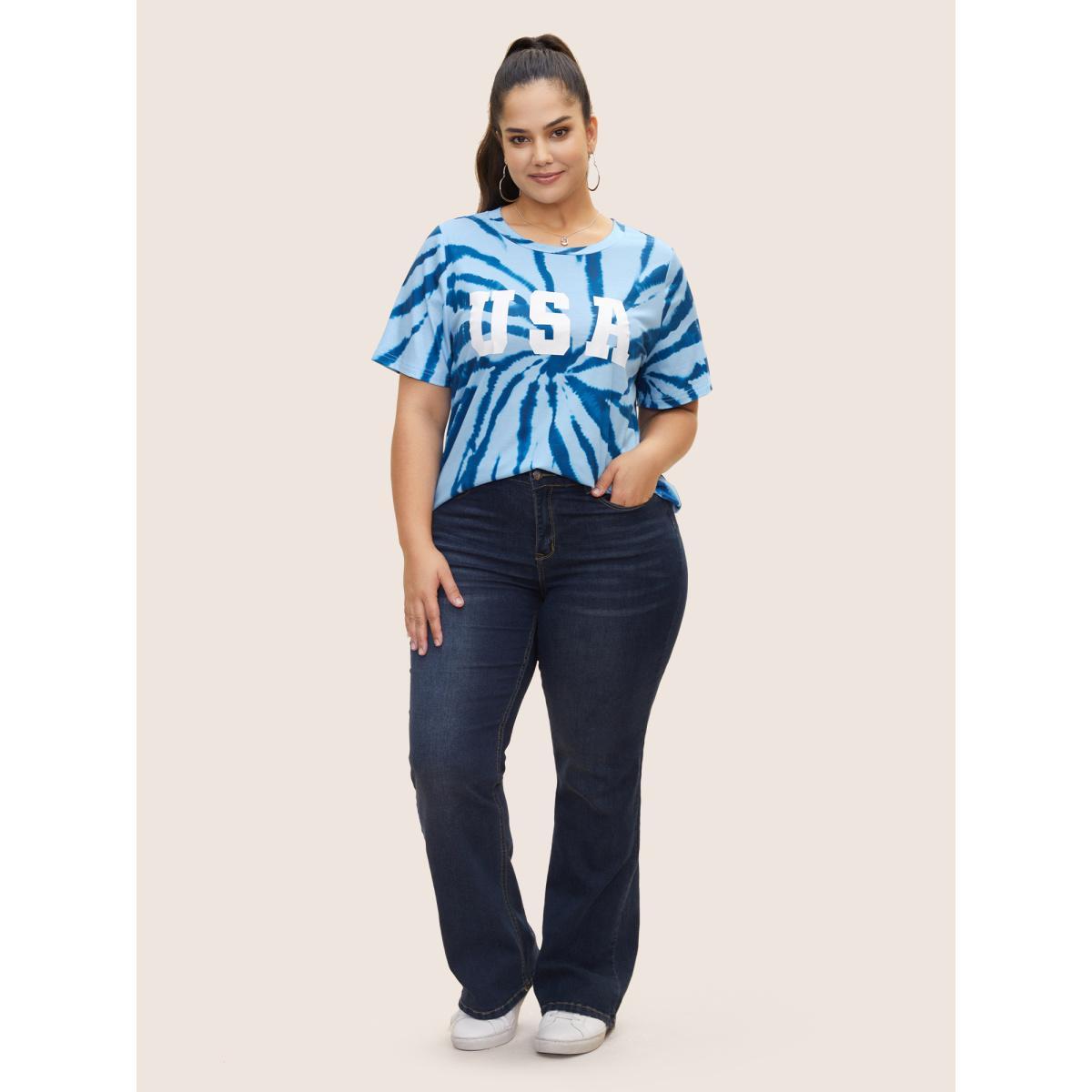 Plus Size USA Print Round Neck Tie Dye T-Shirt DarkBlue Women Casual Contrast Art&design Round Neck Everyday T-shirts BloomChic 10/M Product Image