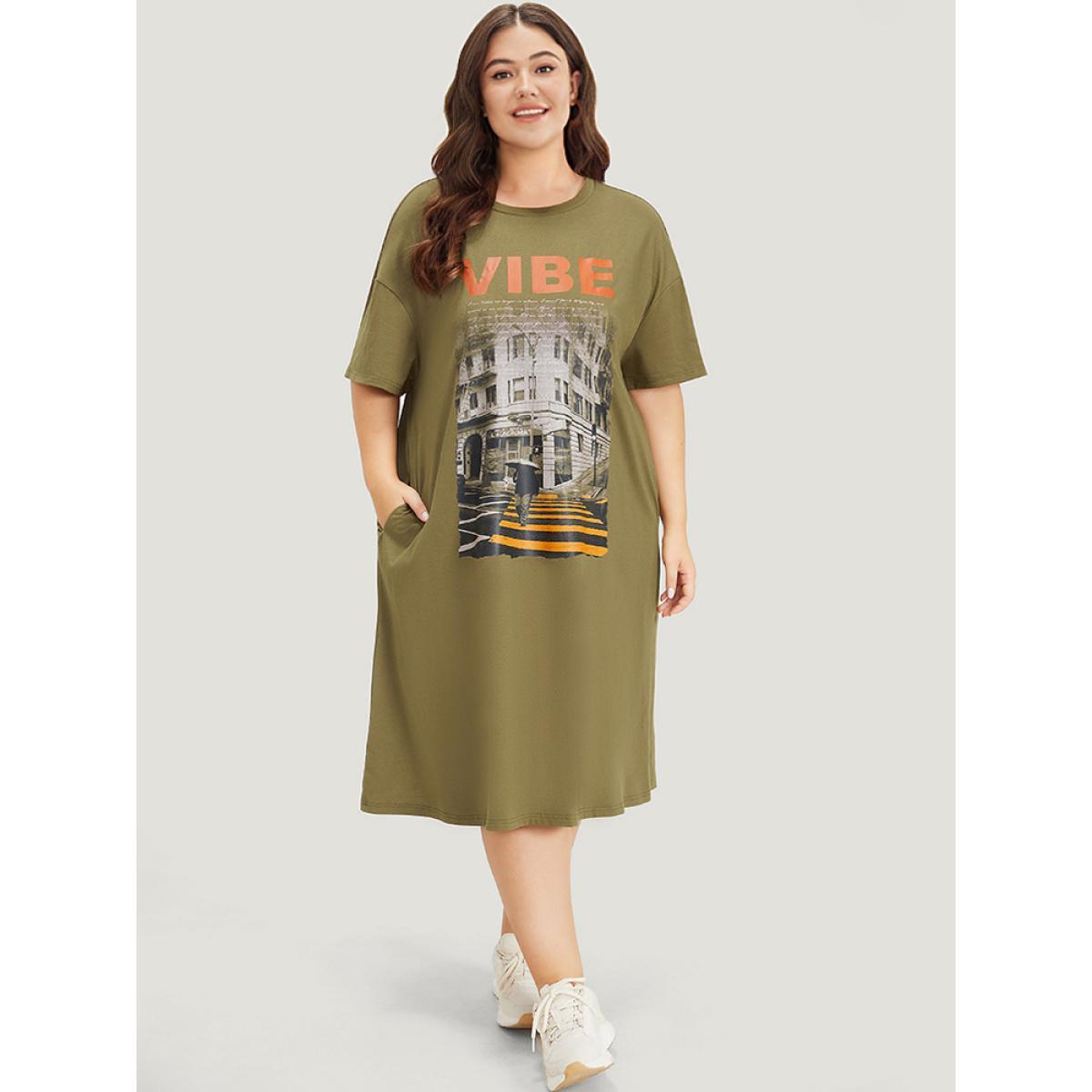 Plus Size Letter & Graphic Print Pocket Crew Neck Dress ArmyGreen Women Casual Plain Curvy Midi Dress BloomChic 12/L Product Image