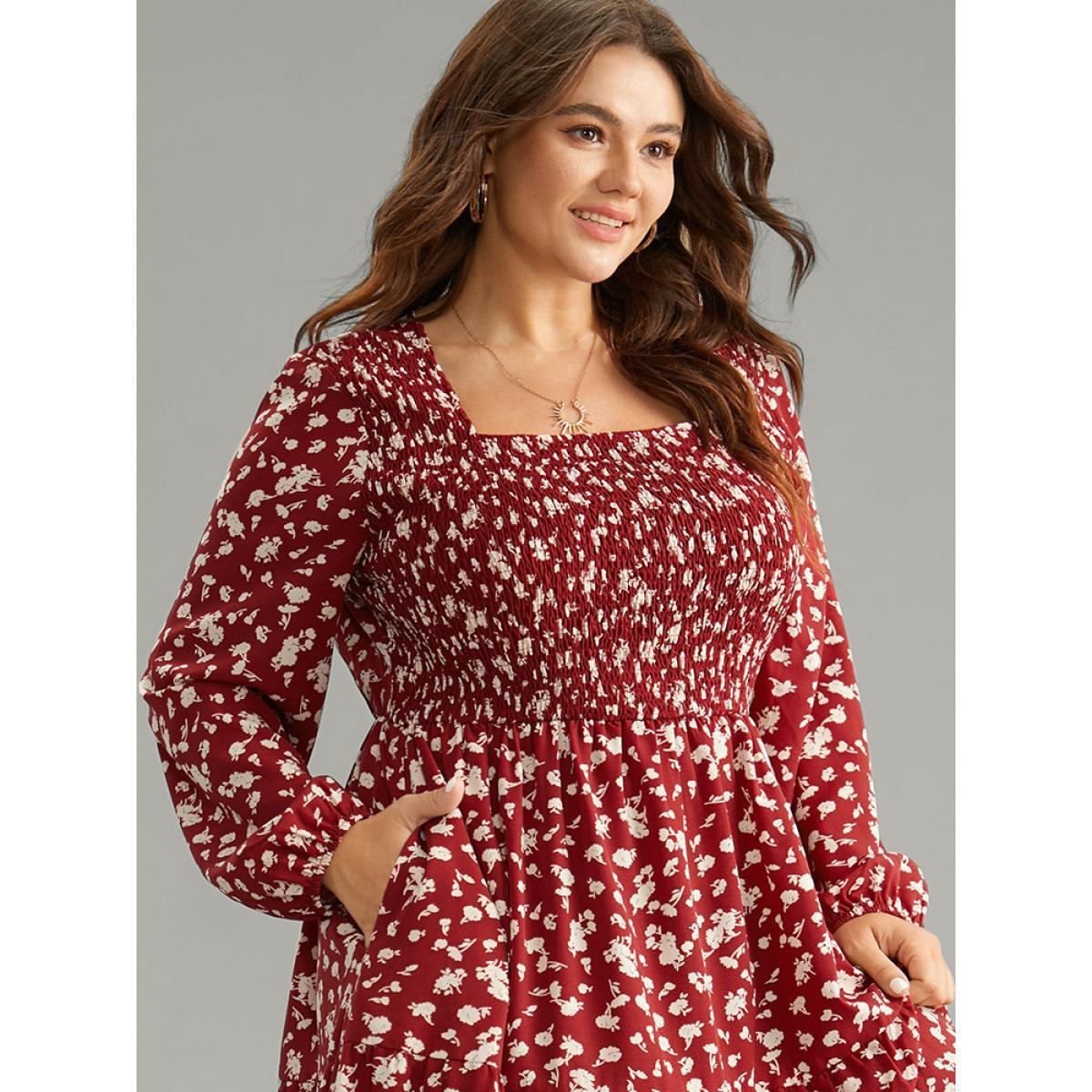 Plus Size Ditsy Floral Square Neck Shirred Gathered Dress Scarlet Women Casual Elastic cuffs Square Neck Long Sleeve Curvy Midi Dress BloomChic 14-16/1X Product Image