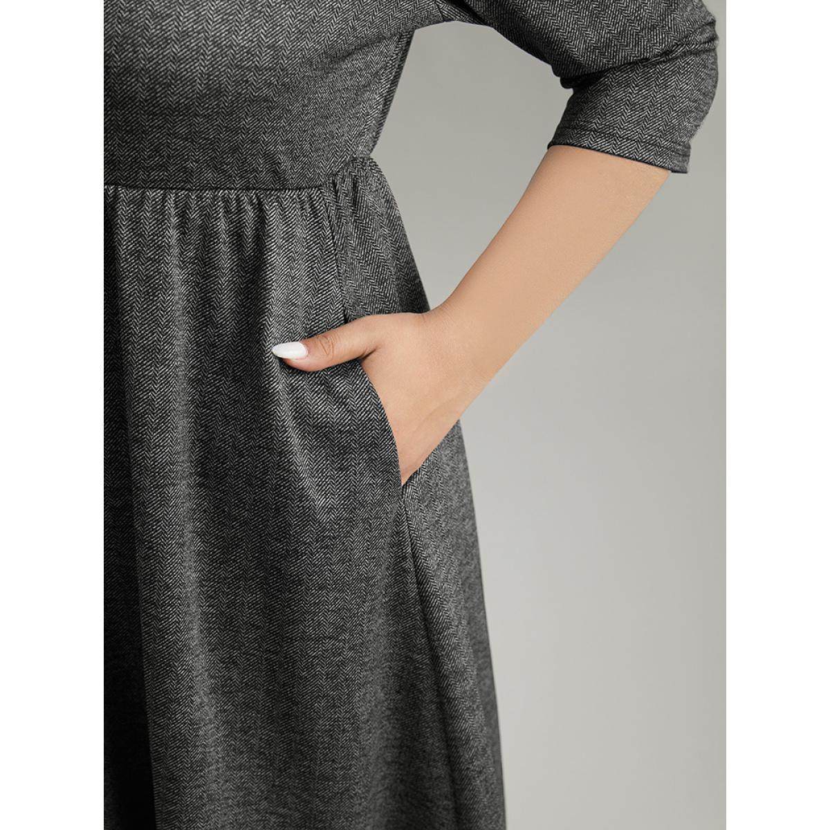 Plus Size Plain Textured Pocket Elastic Waist Gathered Dress DarkGray Women Casual Texture Round Neck Elbow-length sleeve Curvy Midi Dress BloomChic 30/6X Product Image