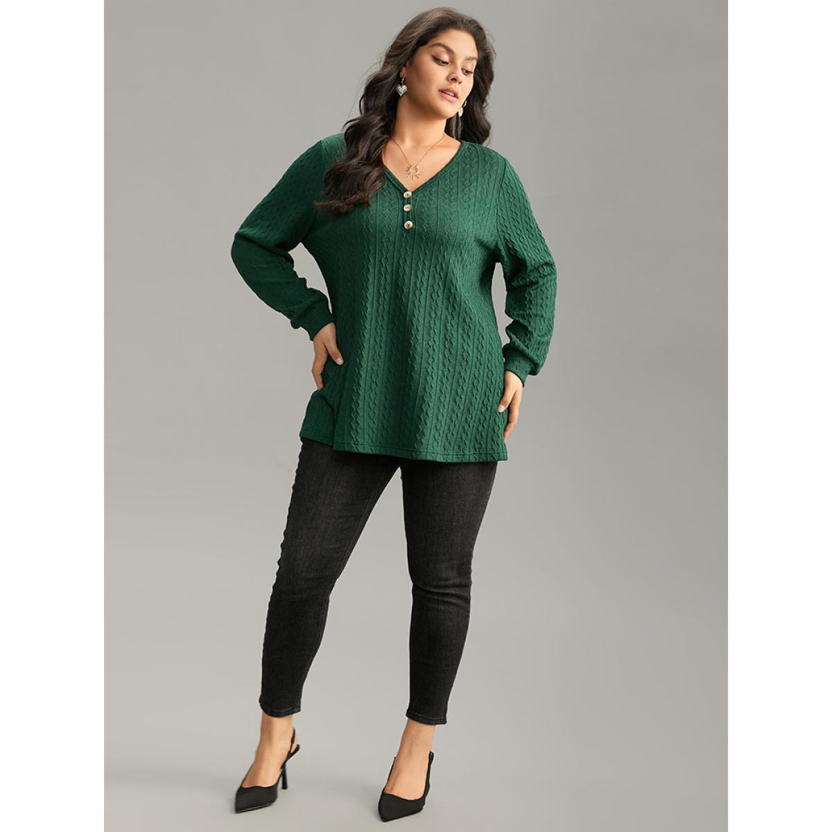 Plus Size Textured Plain Button Up V Neck Sweatshirt Women Green Casual Texture V-neck Dailywear Sweatshirts BloomChic 26/4X Product Image