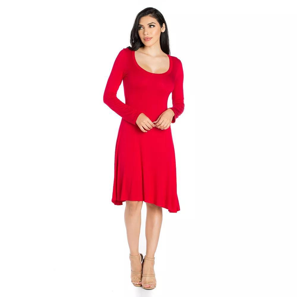 Women's 24seven Comfort Apparel Classic Scoopneck Long Sleeve Flared Mini Dress, Size: XL, Red2 Product Image