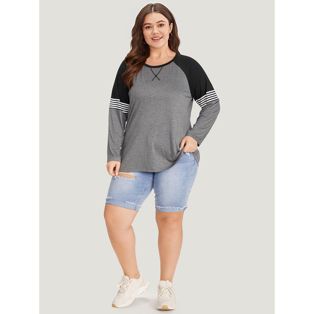 Plus Size Striped Contrast Raglan Sleeve T-shirt Gray Women Casual Striped Round Neck Everyday T-shirts BloomChic 14-16/1X Product Image