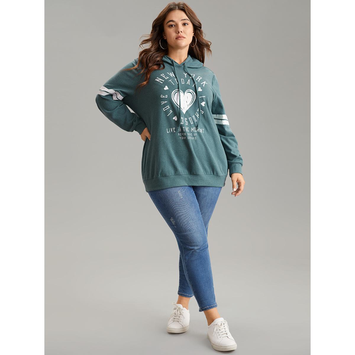 Plus Size Letter & Heart Print Hooded Drawstring Sweatshirt Women Mint Casual Thick Dailywear Sweatshirts BloomChic 26/4X Product Image