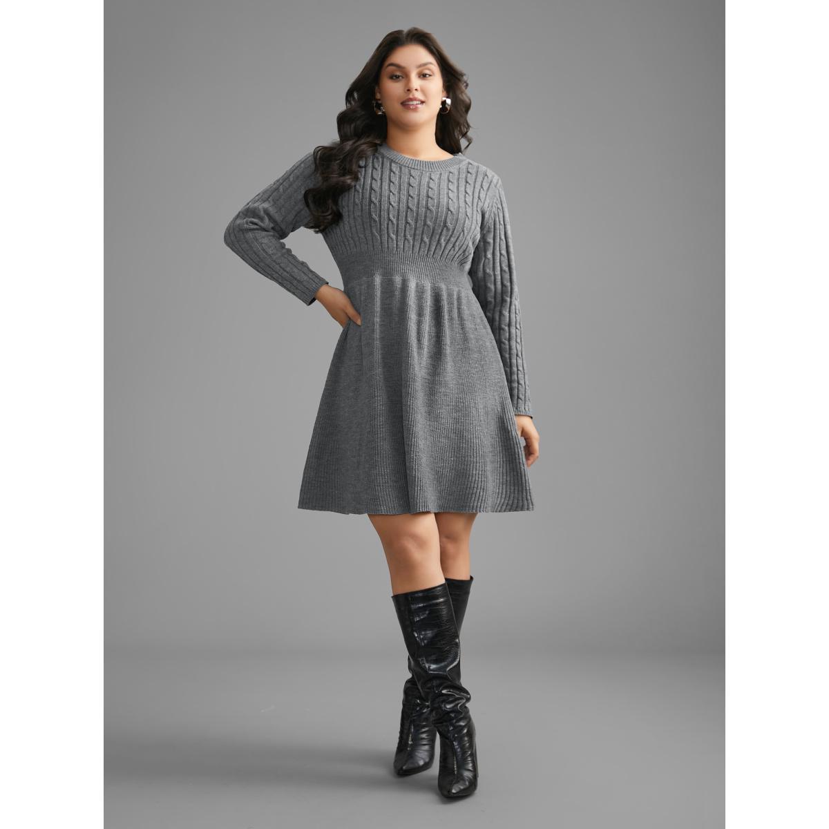 Plus Size Cable Knit Fit-and-Flare Midi Sweater Dress DarkGray Women Elegant Bodycon Long Sleeve Everyday Sweater Dresses BloomChic 22-24/3X Product Image