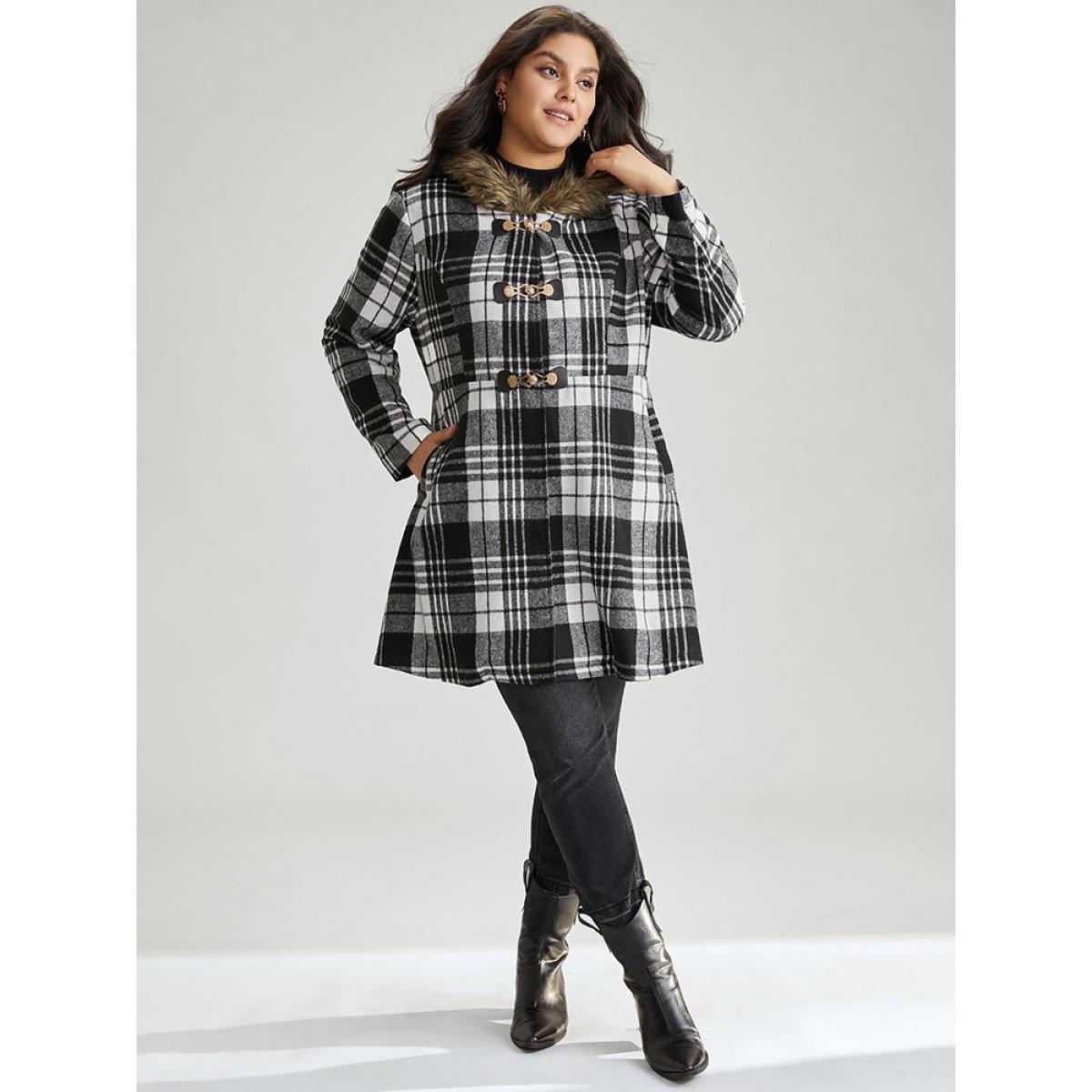 Plus Size Plaid Patchwork Duffle Button Fuzzy Trim Coat Women Black Casual Lined Ladies Dailywear Winter Coats BloomChic 22-24/3X Product Image