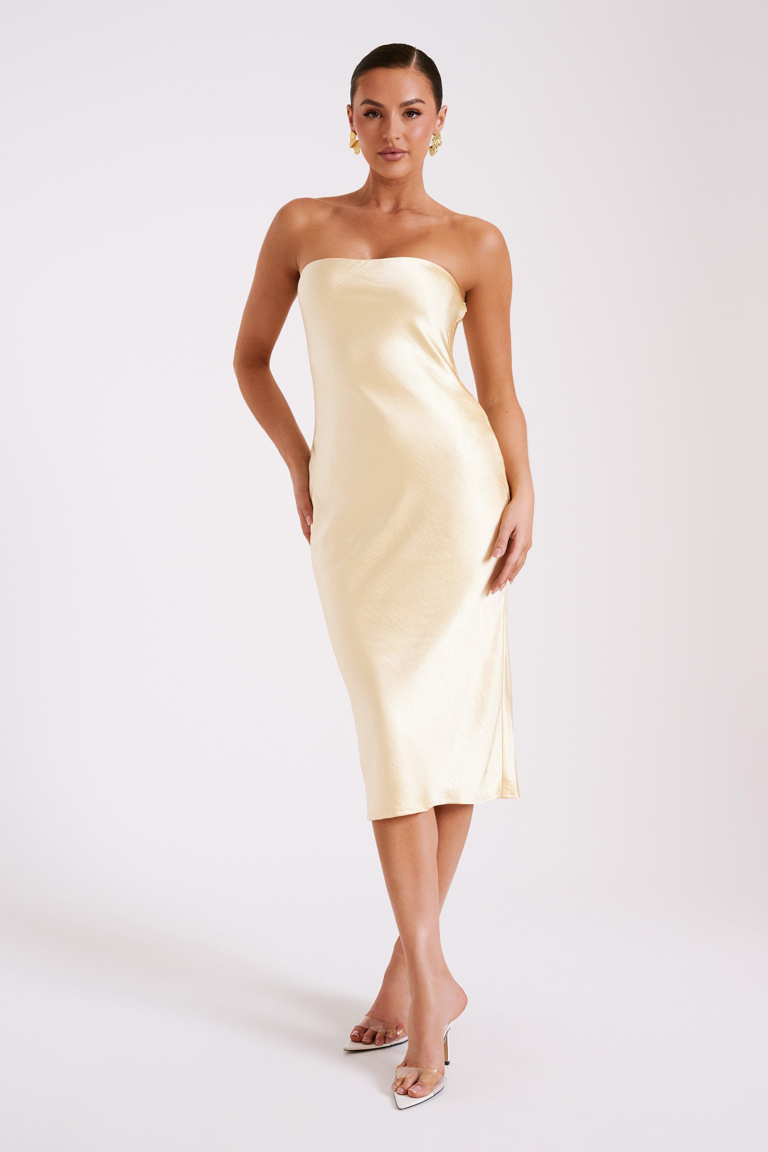 Tyler Strapless Satin Midi Dress - Butter Product Image