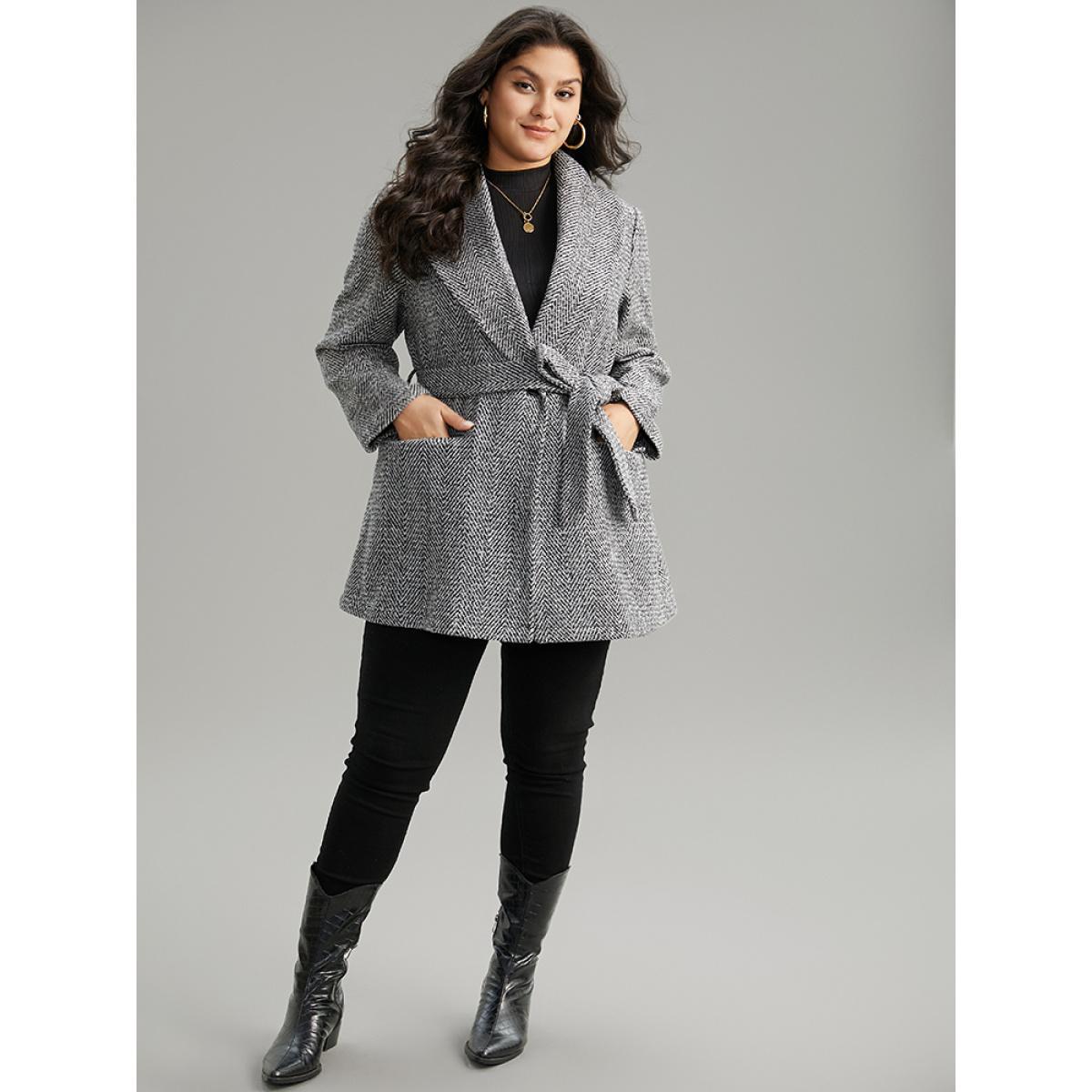 Plus Size Tweed Belted Lapel Collar Flap Pocket Coat Women Black Casual Belted Ladies Dailywear Winter Coats BloomChic 14-16/1X Product Image