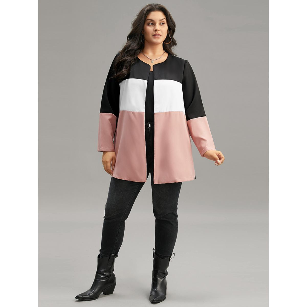 Plus Size Colorblock Contrast Open Front Pocket Coat Women Rouge Casual Contrast Ladies Dailywear Winter Coats BloomChic 18-20/2X Product Image