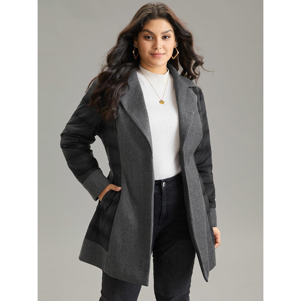 Plus Size Padded Patchwork Tweed Belted Lapel Collar Coat Women DimGray At the Office Lined Ladies Work Winter Coats BloomChic 22-24/3X Product Image