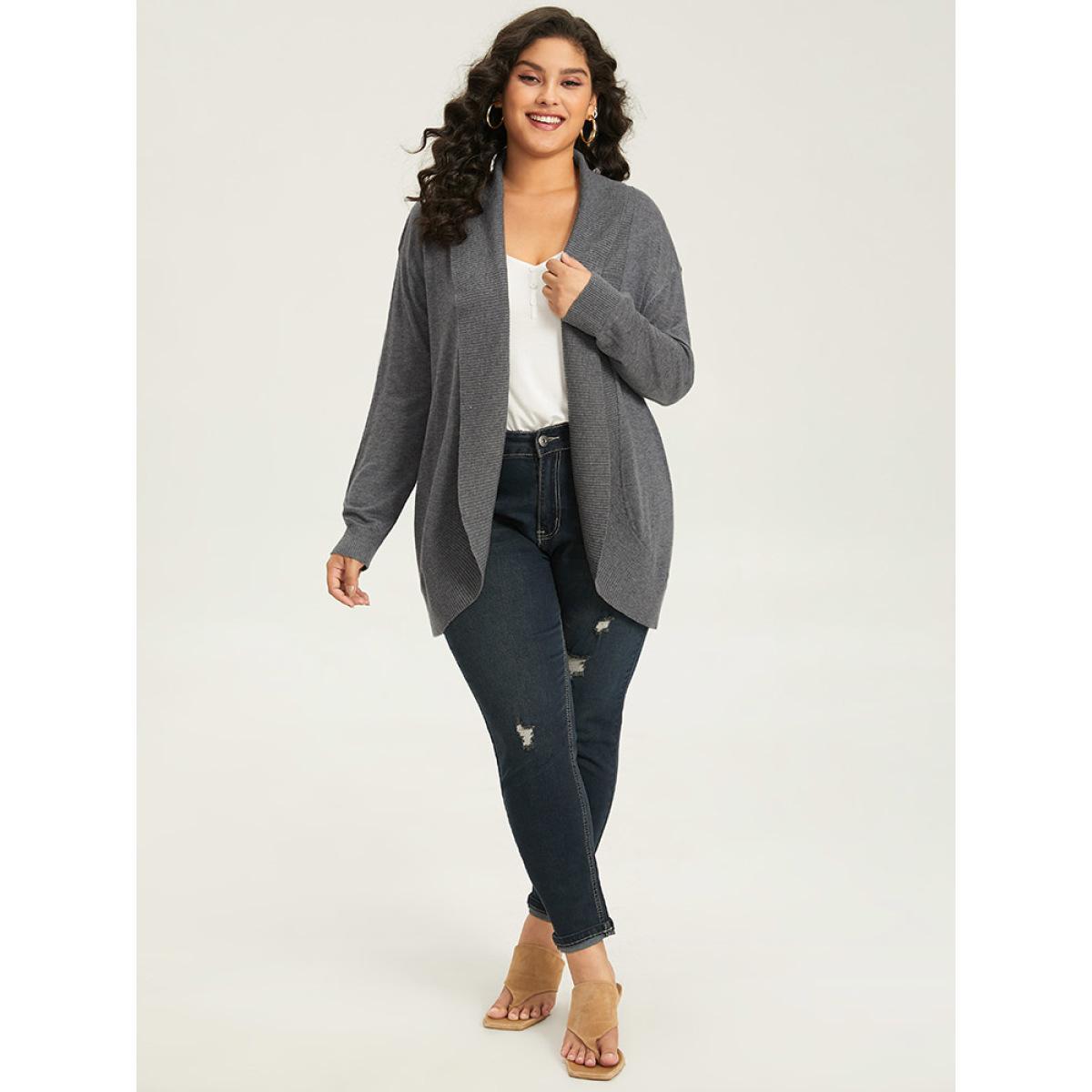 Plus Size Supersoft Essentials Plain Texture Arc Hem Cardigan Gray Women Casual Loose Long Sleeve Everyday Cardigans BloomChic 30/6X Product Image