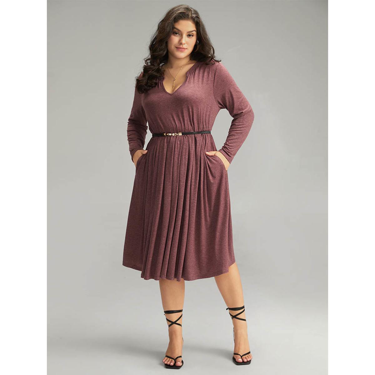 Plus Size Supersoft Essentials Notched Elastic Waist Dress Russet Women Elegant Gathered Notched collar Long Sleeve Curvy Midi Dress BloomChic 28/5X Product Image