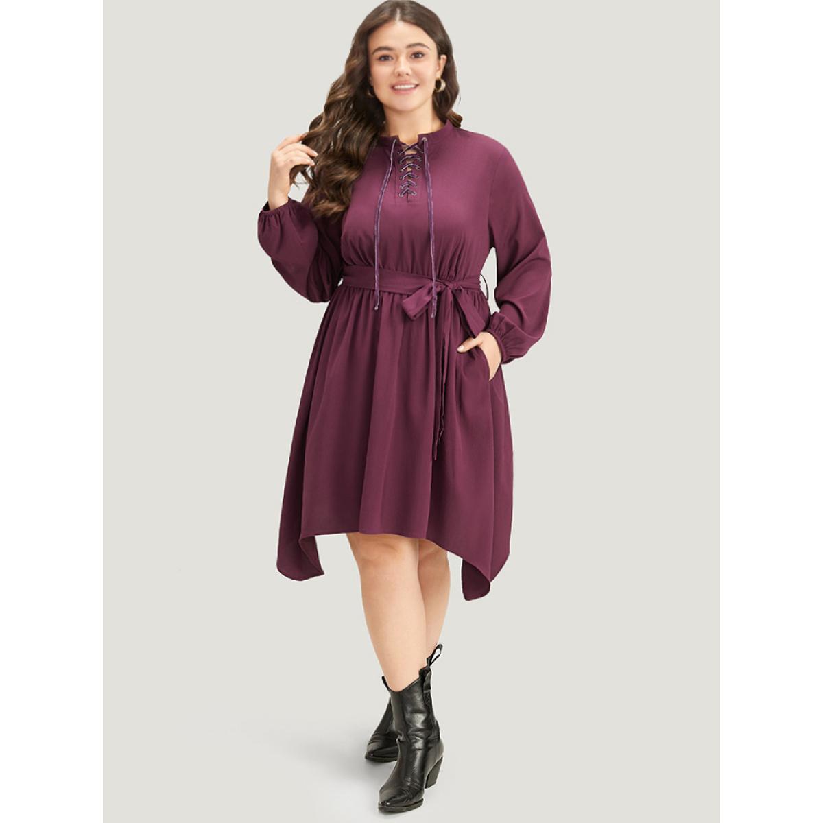 Plus Size Halloween Plain Lantern Sleeve Belted Lace Up Asymmetrical Hem Dress Purple Women Office Elastic cuffs Tie Neck Long Sleeve Curvy Knee Dress BloomChic 12/L Product Image