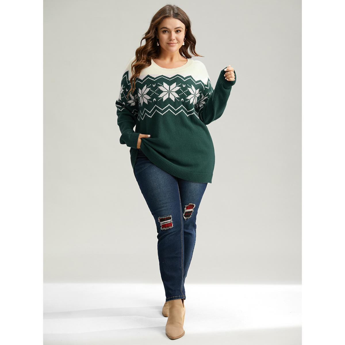 Plus Size Supersoft Essentials Snowflake Colorblock Pullover DarkGreen Women Casual Loose Long Sleeve Round Neck Festival-Christmas Pullovers BloomChic 18-20/2X Product Image