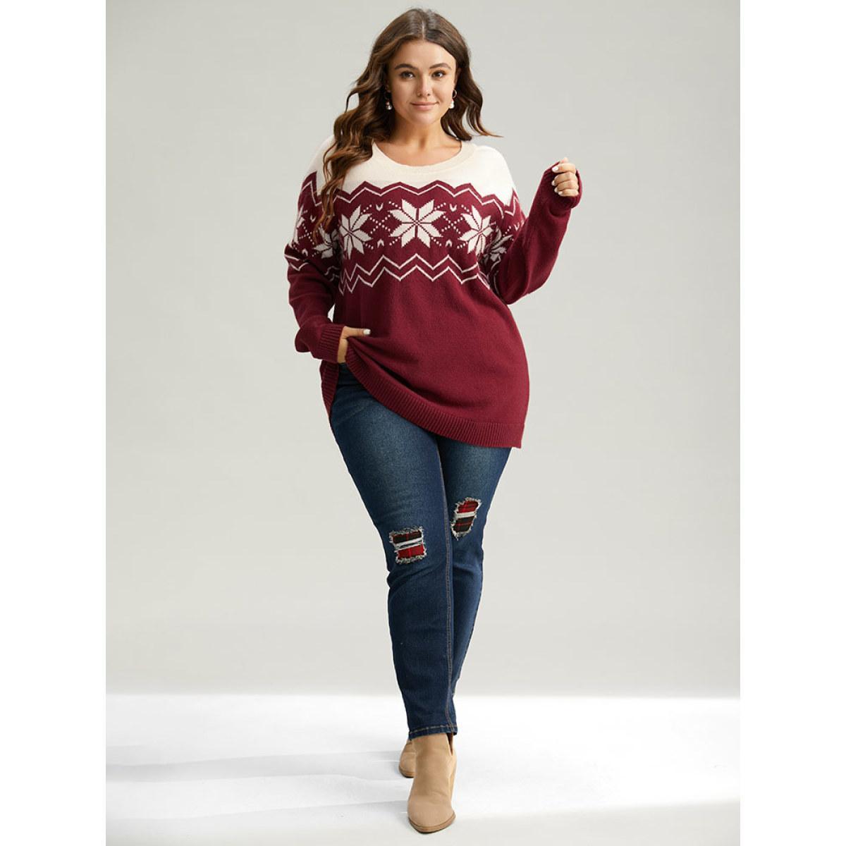 Plus Size Supersoft Essentials Snowflake Colorblock Pullover Scarlet Women Casual Loose Long Sleeve Round Neck Festival-Christmas Pullovers BloomChic 18-20/2X Product Image