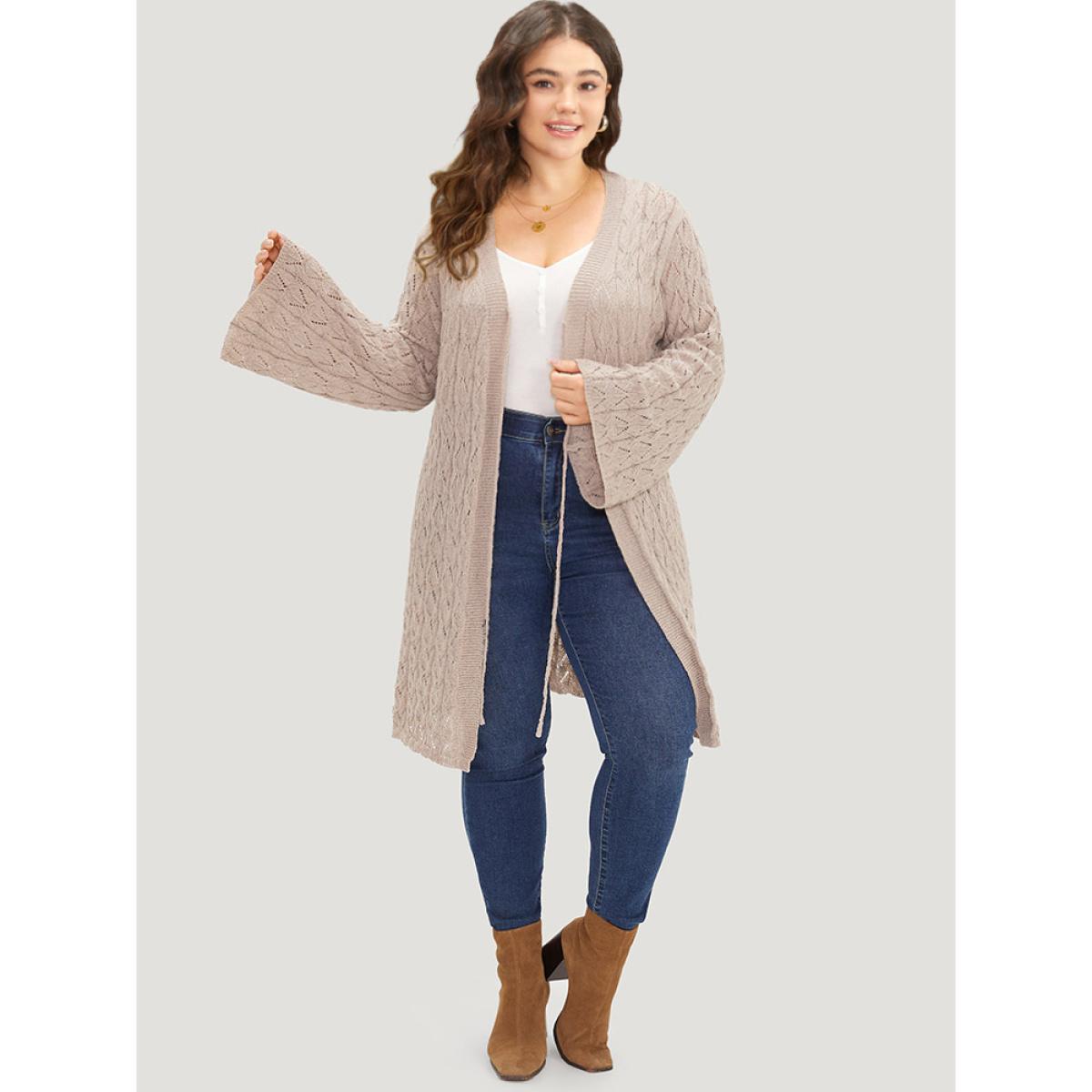 Plus Size Geometric Eyelet Tie Front Bell Sleeve Tunic Cardigan LightBrown Women Casual Loose Long Sleeve Dailywear Cardigans BloomChic 14-16/1X Product Image
