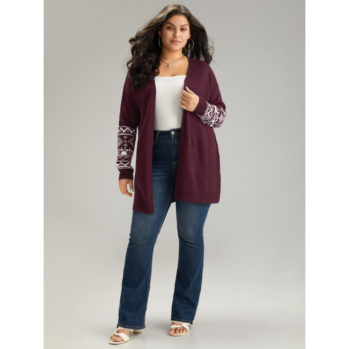 Plus Size Geometric Graphic Open Front Tunic Cardigan Purple Women Casual Loose Long Sleeve Dailywear Cardigans BloomChic 12/L Product Image