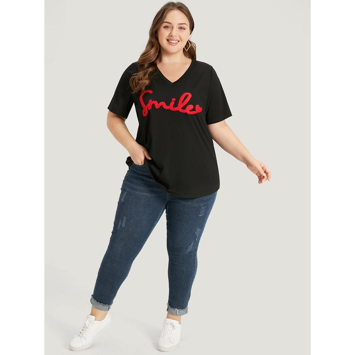 Plus Size Letter Embroidered V Neck T-shirt Black Women Casual Embroidered Letter Dailywear T-shirts BloomChic 26/4X Product Image