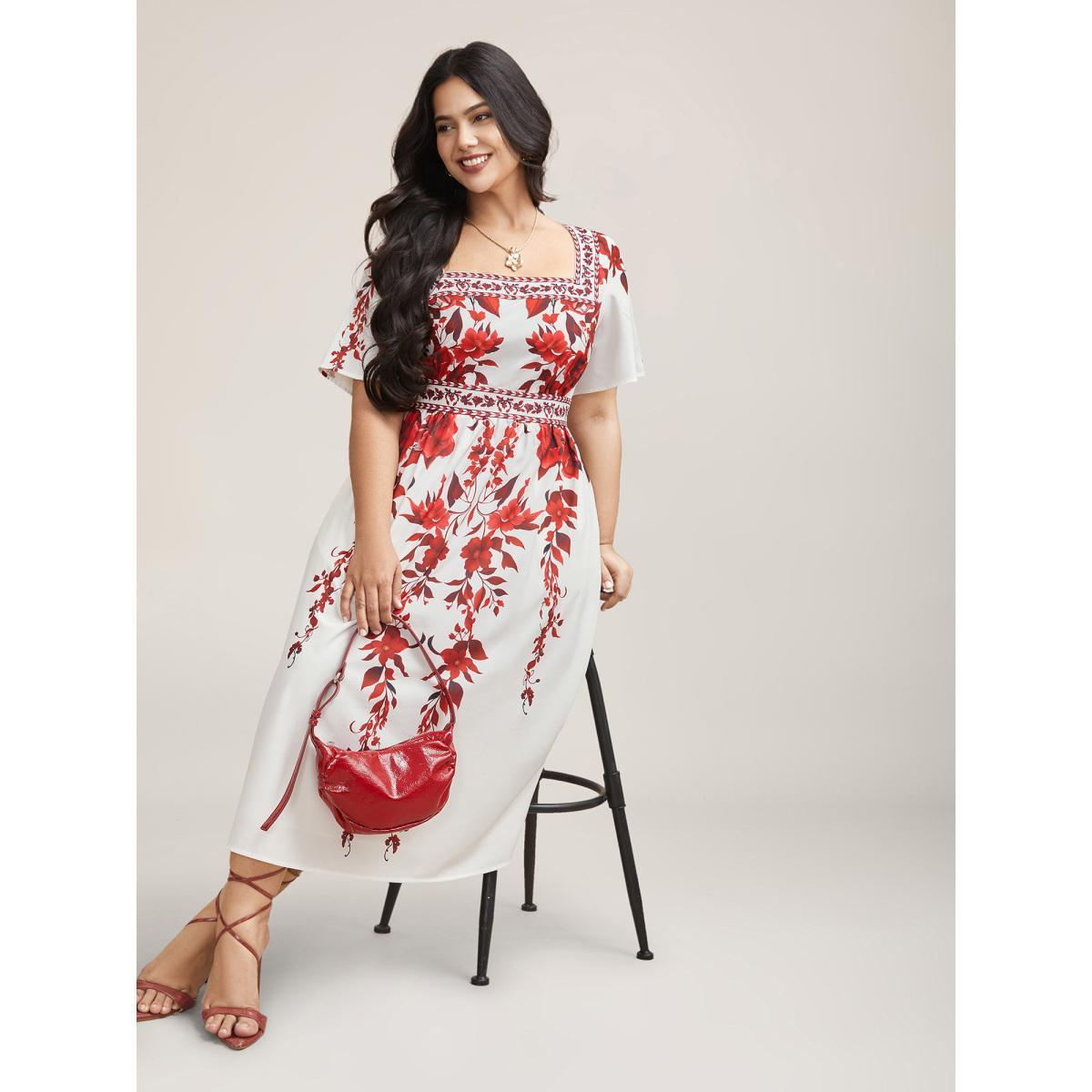 Plus Size Bohemian Floral Print Stretchy Waist Maxi Dress Originalwhite Women Elegant Non Square Neck Short sleeve Curvy BloomChic 12/L Product Image