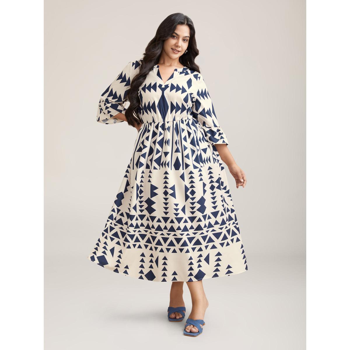 Plus Size Geometric Print Stretchy Waist Pockets Maxi Dress Beige Women Resort Ruffles Flat collar with V-notch Elbow-length sleeve Curvy BloomChic 26/4X Product Image