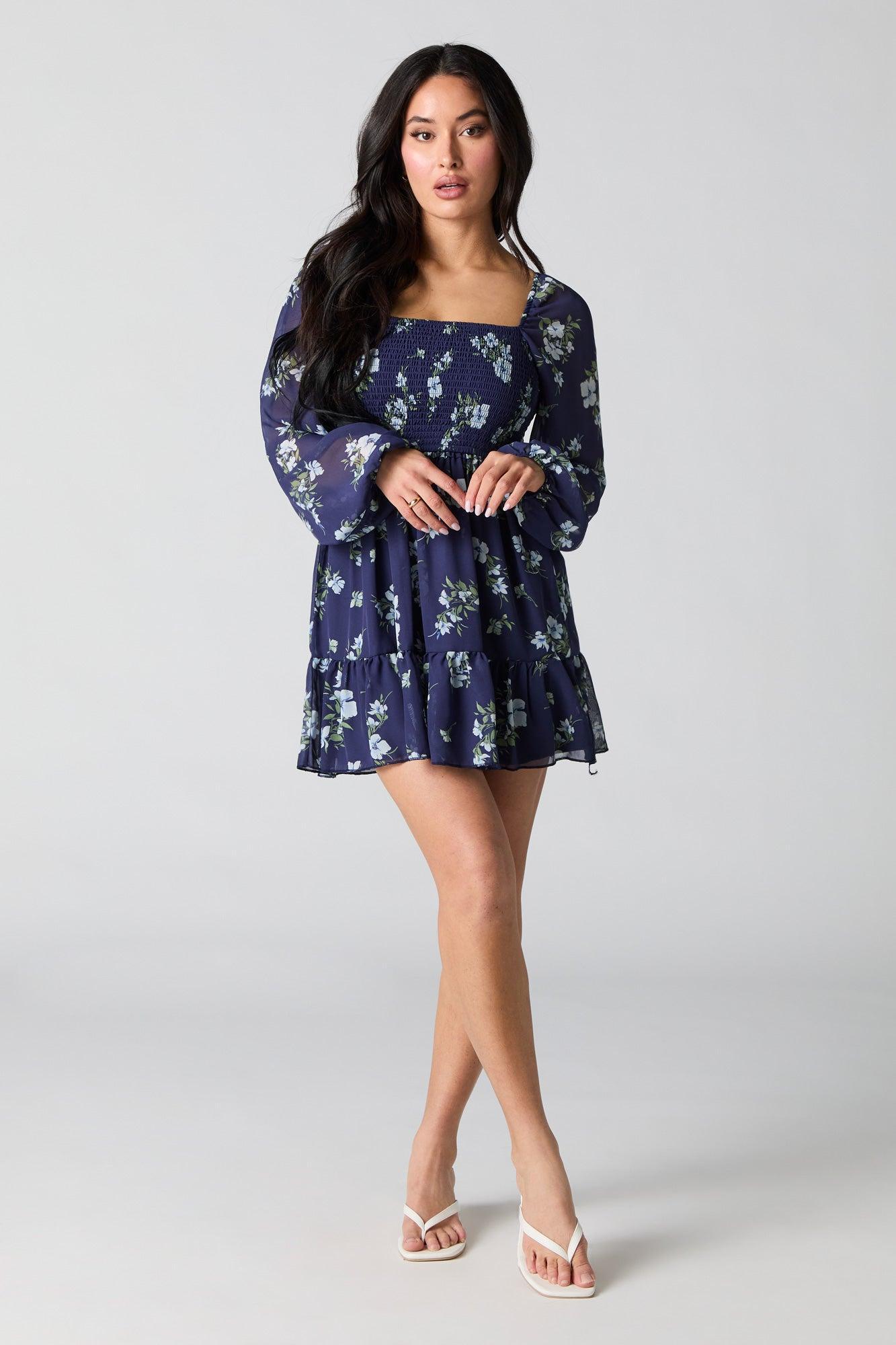 Smocked Tiered Long Sleeve Mini Dress Female Product Image