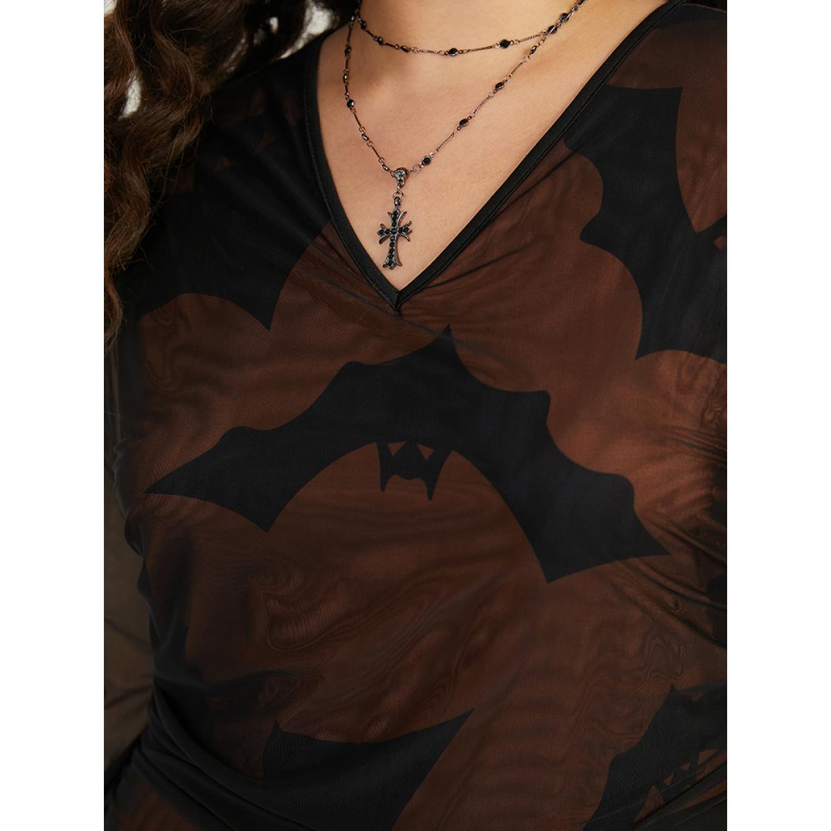 Plus Size Halloween Bat V Neck Mesh Patchwork Dress DarkBrown Women Casual See through V-neck Long Sleeve Curvy Midi Dress BloomChic 14-16/1X Product Image