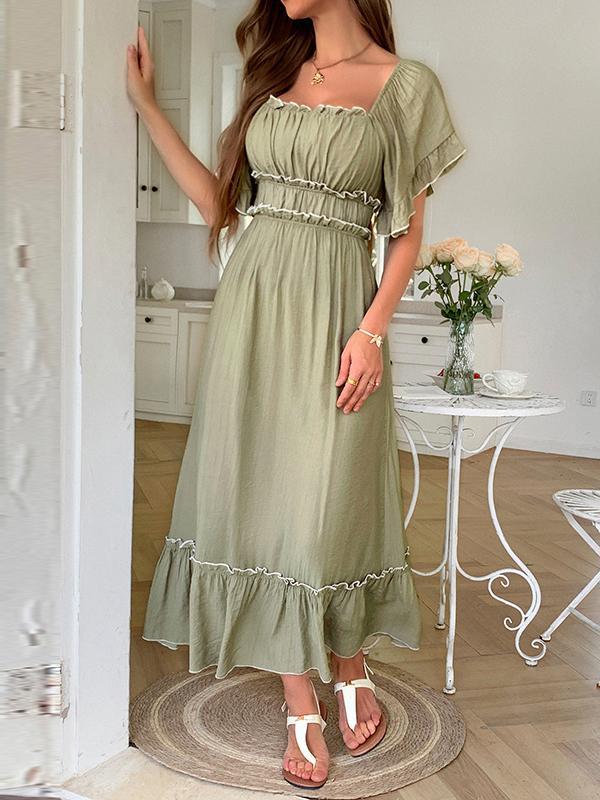 A-Line High Waisted Pleated Ruffle Trim Split-Joint Zipper Square-Neck Midi Dresses Product Image