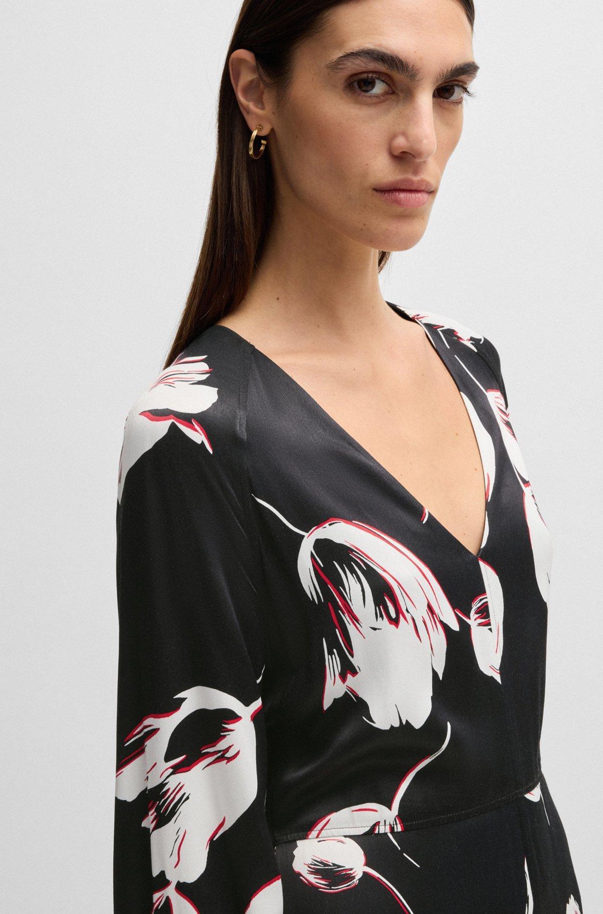 Satin V-neck dress with tulip print Product Image