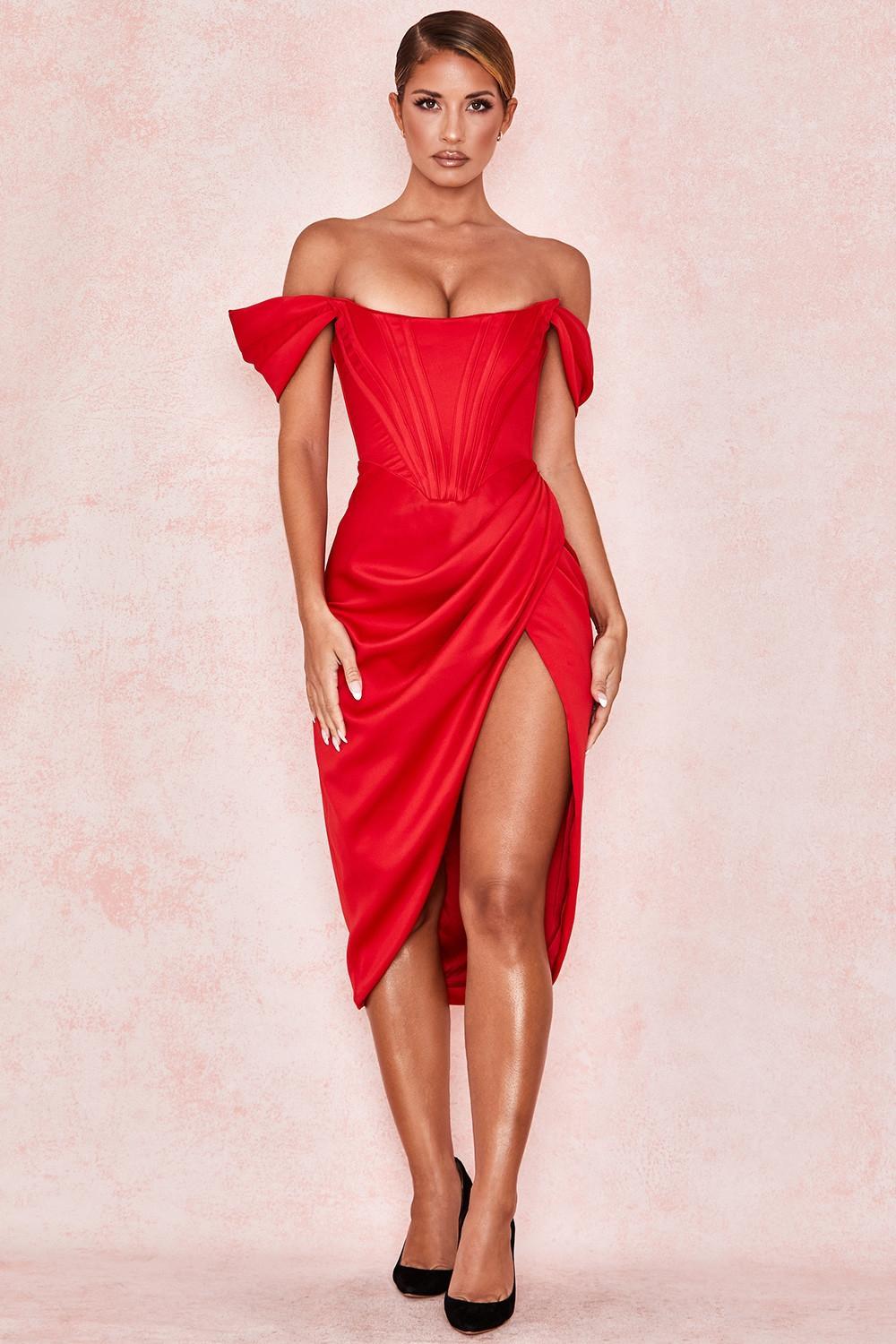 Loretta Red Satin Off Shoulder Dress Product Image