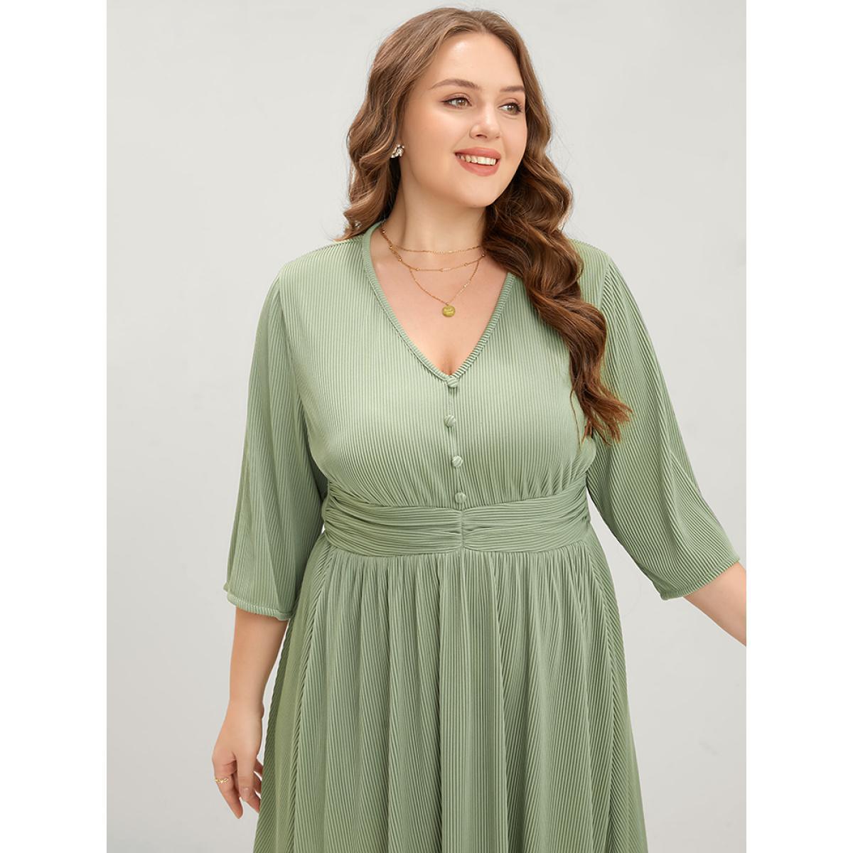 Plus Size Plain Button Detail Pocket Ruched Rib Knit Flutter Dress Moss Women Elegant Plain V-neck Long Sleeve Curvy Midi Dress BloomChic 14-16/1X Product Image
