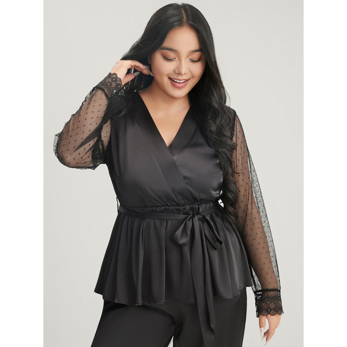 Plus Size Solid Mesh Lace Wrap Belted Pajama Set Women Black Plain Cross straps Long Sleeve V-neck Elegant Loungewear Sets BloomChic 18-20/2X Product Image