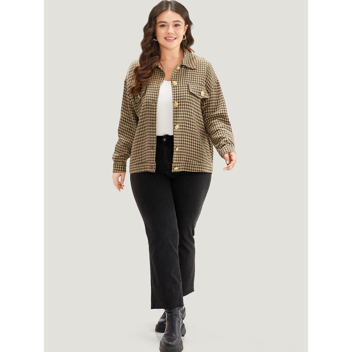 Plus Size Houndstooth Pocket Metal Detail Jacket Women Tan Texture Dailywear Jackets BloomChic 14-16/1X Product Image