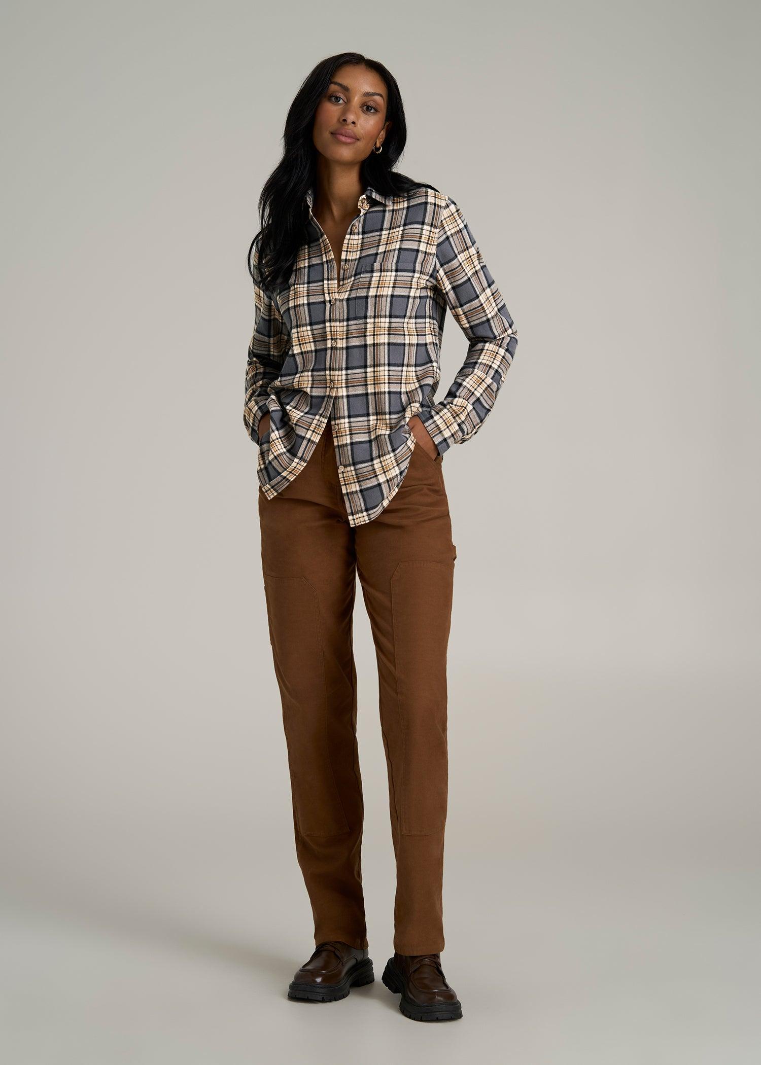 Flannel Button-Up Shirt for Tall Women in Grey and Camel Plaid Product Image