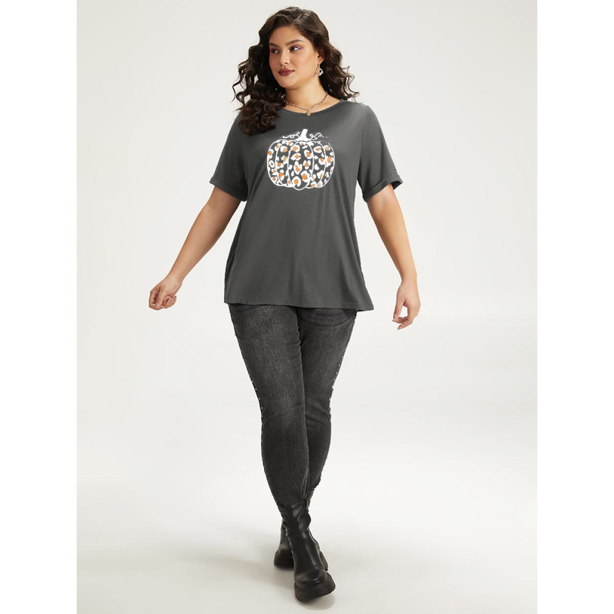 Plus Size Halloween Pumpkin Print Crew Neck T-shirt DimGray Women Casual Printed Halloween Dailywear T-shirts BloomChic 14-16/1X Product Image