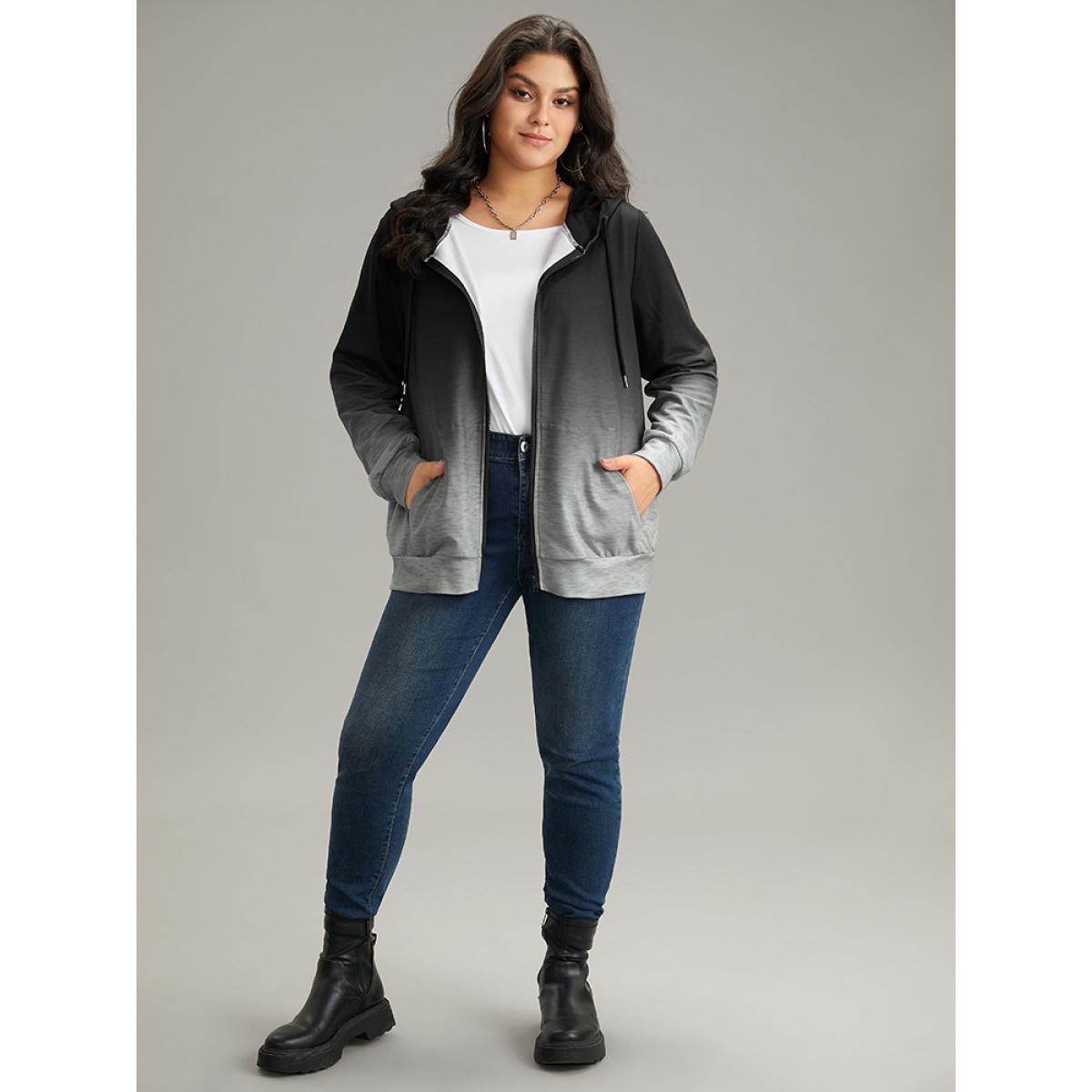 Plus Size Ombre Hooded Zipper Drawstring Sweatshirt Women Black Casual Zipper Hooded Everyday Sweatshirts BloomChic 18-20/2X Product Image