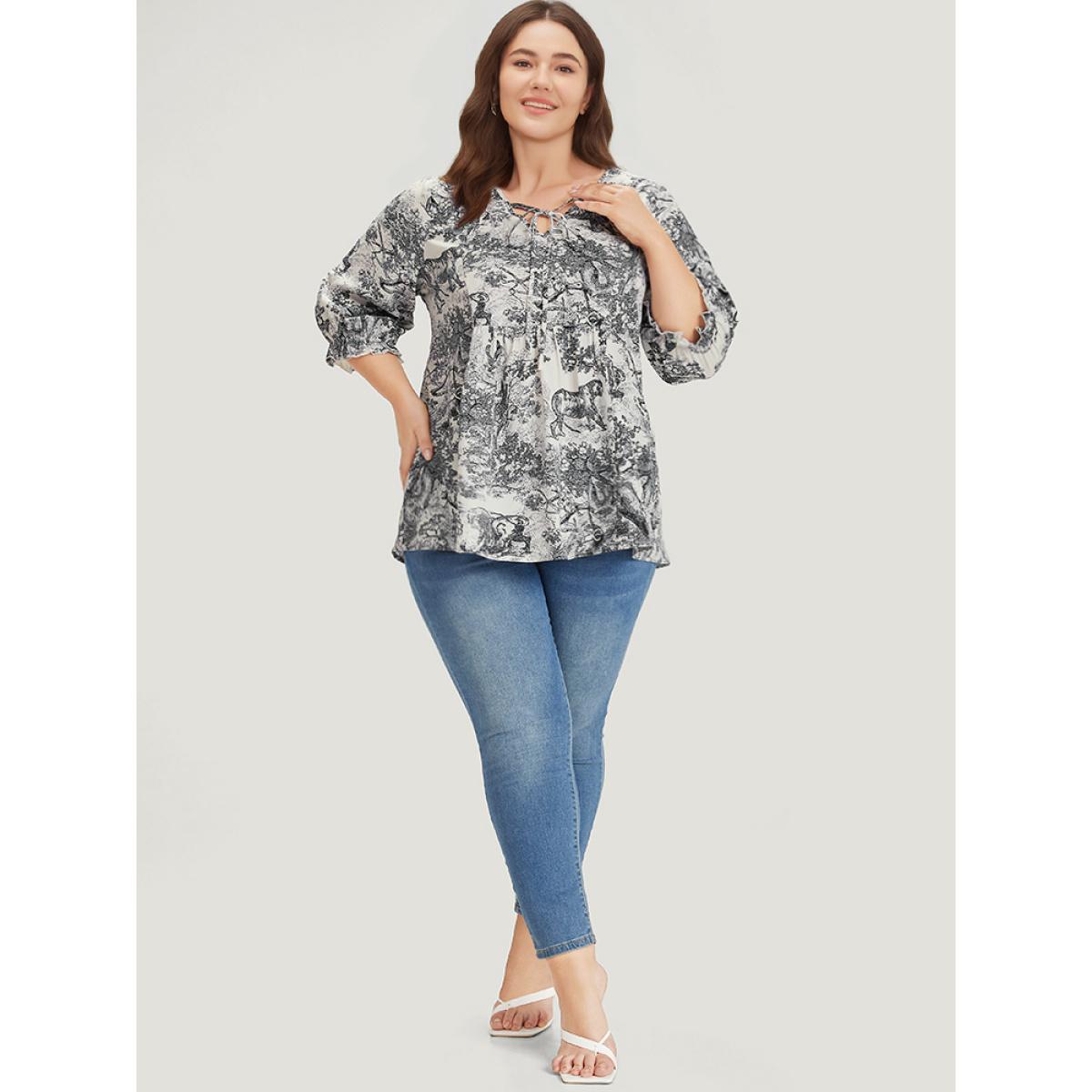 Plus Size Black Print Knot Neck Lantern Sleeve Ruffle Hem Blouse Women Vacation Half Sleeve V-neck Dailywear Blouses BloomChic 22-24/3X Product Image