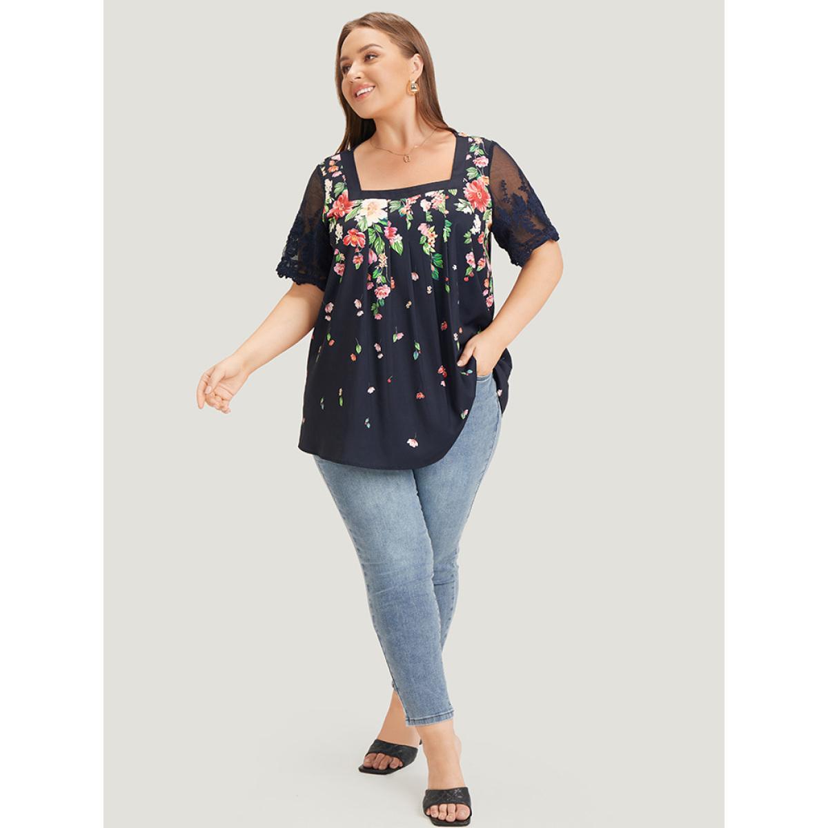 Plus Size Indigo Floral Pleated Mesh Lace Sleeve Square Neck Blouse Women Vacation Short sleeve Square Neck Dailywear Blouses BloomChic 18-20/2X Product Image