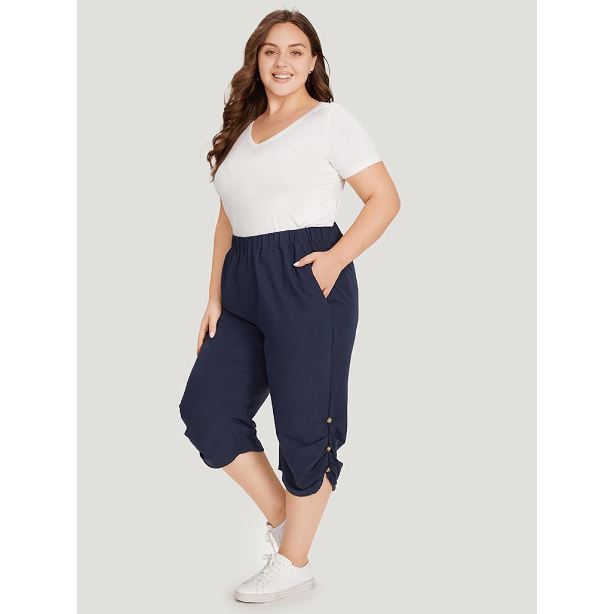 Plus Size Solid Pocket Beaded Detail Gathered Pants Women Blue Casual High Rise Dailywear Pants BloomChic 26/4X Product Image