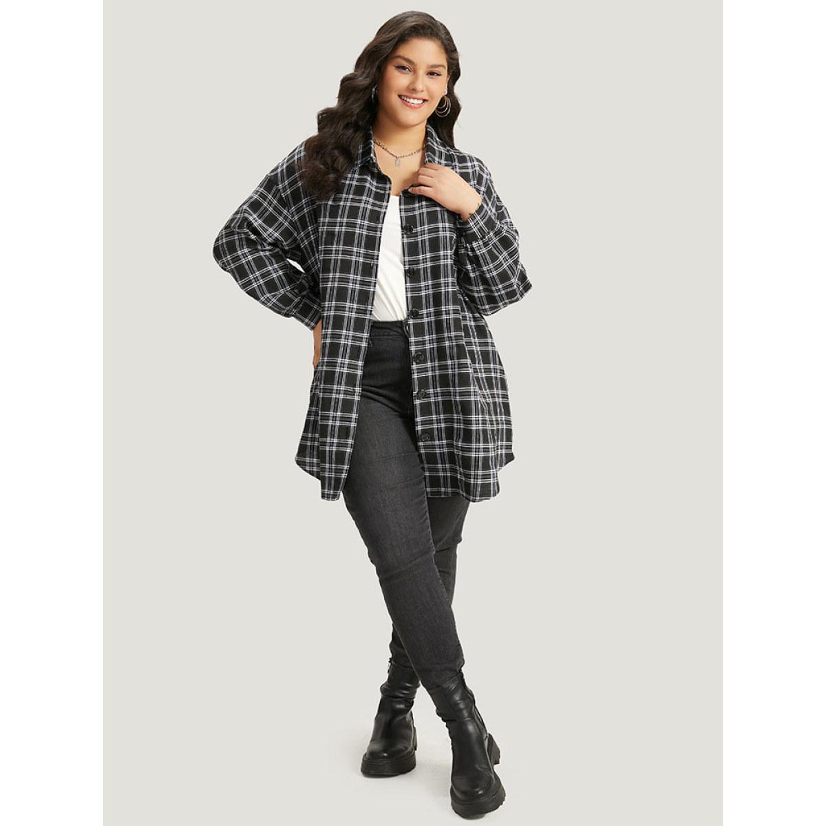 Plus Size Plaid Button Fly Curved Hem Shirt Collar Coat Women Black Casual Arc Hem Ladies Dailywear Winter Coats BloomChic 18-20/2X Product Image